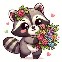 Naklejka premium Cute Raccoon Holding Flower Bouquet Cartoon Vector Icon Illustration