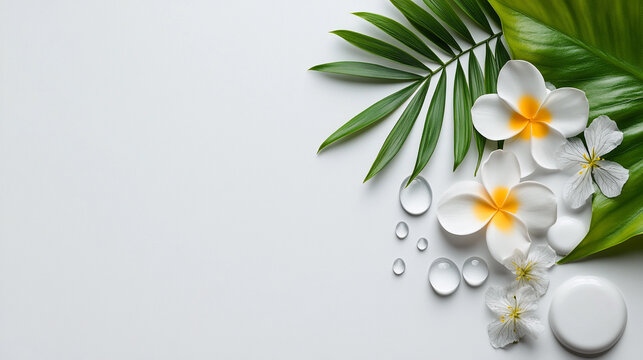 White background with a green leaf and a white flower. Minimalistic background.