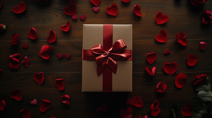 Gift Box with Rose Petals on Wooden Surface. A beautifully wrapped gift box with a red ribbon surrounded by rose petals, perfect for romantic or Valentine&rsquo;s themes.