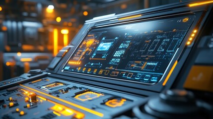 A microfactory control panel b with touchscreens and buttons allowing operators to toggle between different robotic functions effortlessly.