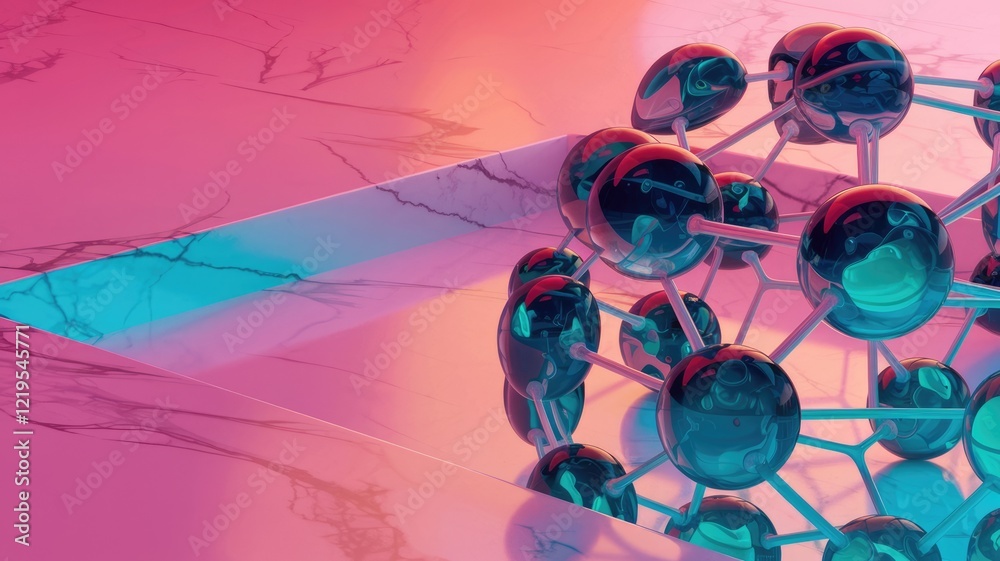 Poster Abstract 3D rendering of a molecule structure on a pink and teal marble surface.