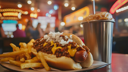 Chili Cheese Hot Dog with Fries and a Drink
