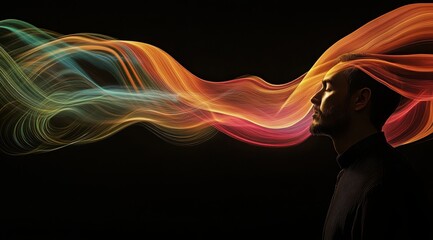 Serene man enveloped by vibrant, flowing light trails. A captivating image exploring themes of inner peace and energy.