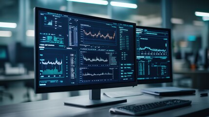 Dual Computer Monitors Displaying Complex Data Analytics and Financial Graphs in Modern Office Environment