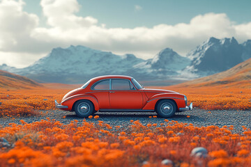 Fototapeta premium Classic Red Car Parked In Orange Flower Field With Mountains