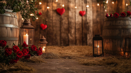 A rustic barn scene adorned with red roses, hearts, and warm glowing lights. It feels cozy and romantic.