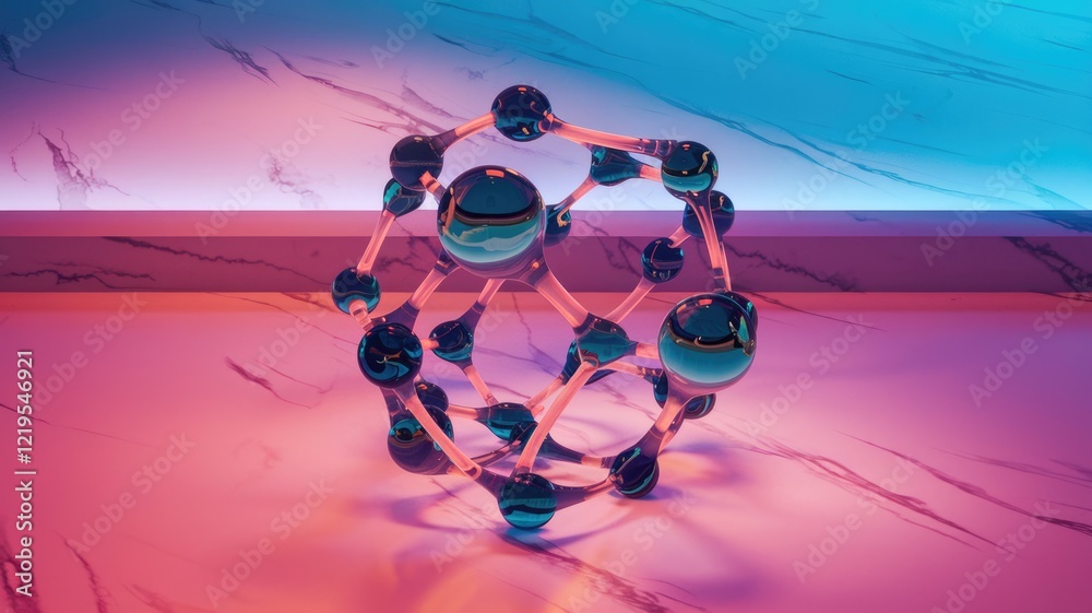 Aufkleber Abstract 3D render of a molecule model with interconnected spheres and rods, illuminated with vibrant pink and blue neon lighting.