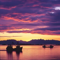 Picturesque Sunset Over Alaskan Bay with Fishing Boats