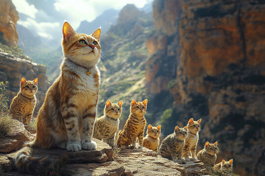 Majestic orange cat overlooks its kittens from a mountaintop