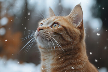 Ginger Cat Gazing Upward In Winter Snow