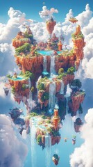 Fototapeta premium A Floating Island City With Cascading Waterfalls
