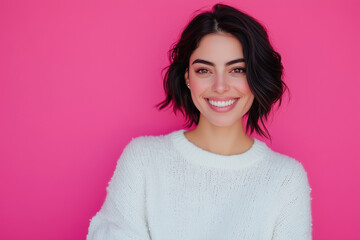 Fototapeta premium woman with short hair is smiling and wearing a white sweater. The pink background adds a pop of color to the scene