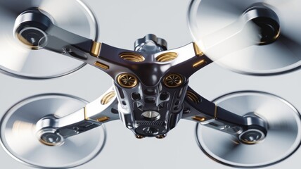 Fototapeta premium Futuristic drone design with spinning propellers, sleek metallic body, and gold accents.