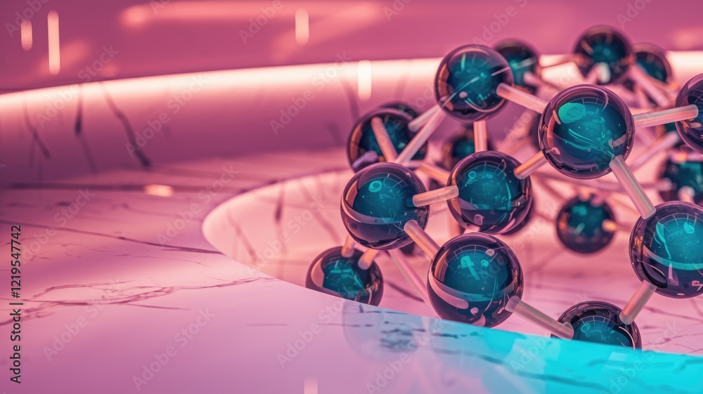 Poster a 3d model of a molecule with dark spheres connected by rods, illuminated with pink and blue light, 