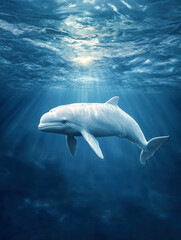 Naklejka premium Beluga whale swimming gracefully underwater with sun rays