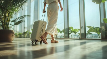 Woman Walking with Luggage in Lobby