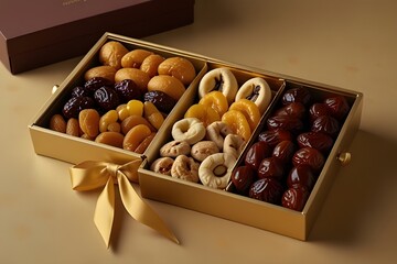 A luxurious gift box filled with assorted dried fruits, including dates, apricots, and nuts, tied with a golden ribbon for a premium presentation.

