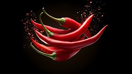 Red chili peppers swirling, spice splash, dark background, food photography