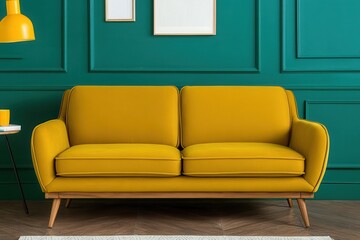 Fototapeta premium Retro mid-century wood furniture . Bright yellow sofa against a teal wall, modern and stylish decor.