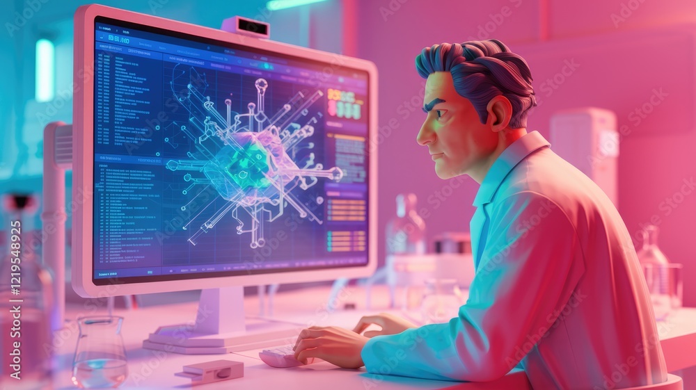 Poster A scientist analyzes a 3D model of a virus on a computer screen in a futuristic lab setting.