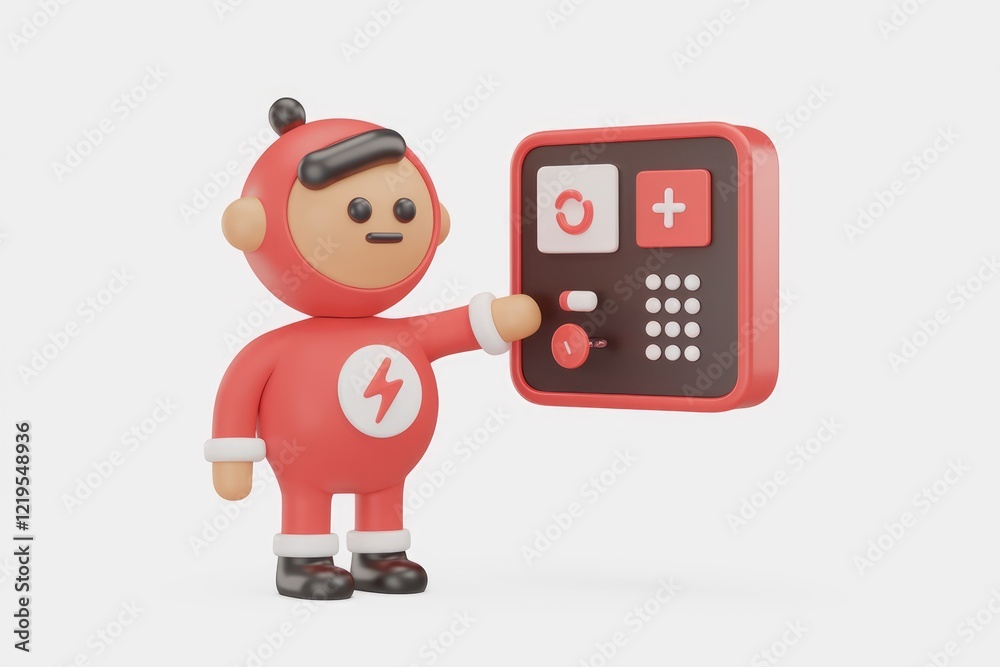 Poster a 3d cartoon superhero interacts with a control panel featuring various buttons and symbols.