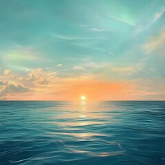 Obraz premium Serene Aqua Sunset Over Horizon of Tranquil Ocean Waters