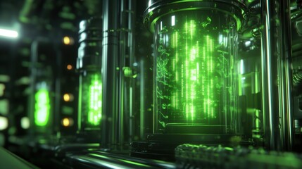Fototapeta premium The control interface of a bioreactor where bright green LED lights signal ecoconscious energy use combined with digital metrics projecting highly efficient bioprocessing.