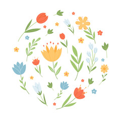 Cute hand drawn spring wildflowers and leaves isolated on white background. Botanical clipart