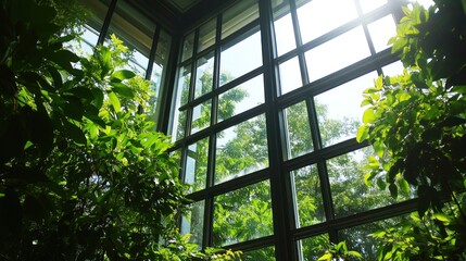 Sunlight Streaming Through a Greenhouse's Panoramic Windows, Illuminating Lush Greenery