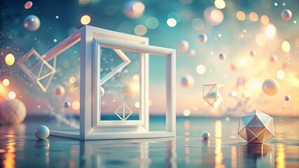 Surreal White Frame Abstract Art: Floating Geometric Shapes and Light
