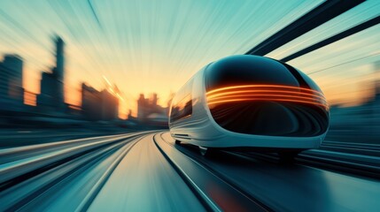Obraz premium An elegant transit vehicle glides along a futuristic rail track at dusk, symbolizing innovation and sophisticated urban transport for today's world.