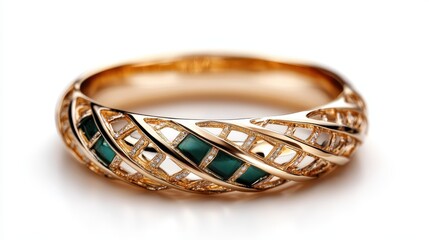 This stunning gold ring features an intricate leafy design with embedded green stones, capturing the essence of elegance and nature harmoniously fused together.