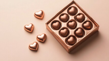 Fototapeta premium Heart-shaped vegan chocolate truffles in a rose gold gift box, isolated on light beige