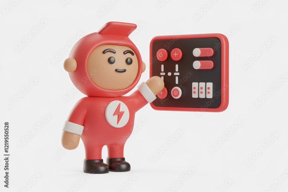 Poster a 3d-rendered superhero character interacts with a control panel, showcasing advanced technology.