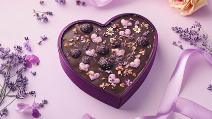 Naklejka premium Heart-shaped vegan truffle box decorated with romantic quotes and satin ribbons, isolated on soft lavender background