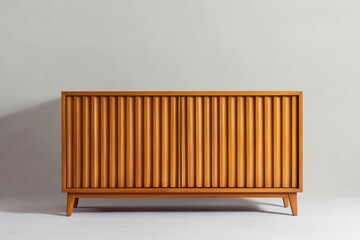 Retro mid-century wood furniture  . Modern wooden cabinet with vertical grooves and minimalist design.