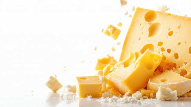 A vibrant image of Emmental cheese with iconic holes and crumbled pieces, presenting a perfect slice for enthusiasts of bold and delightful flavors.