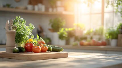 Sunny kitchen countertop, fresh vegetables, herbs, window background, cooking prep