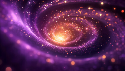 Obraz premium Glowing galaxy spiral effect. Spiral abstract infinity pattern created from golden and purple shiny particles. Dynamic cosmic time travel vortex motion graphics. Spiraling hypnotic astrology 