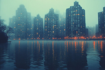 Fototapeta premium City buildings reflecting in foggy water at dusk