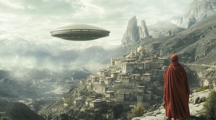 Naklejka premium Futuristic City with Alien Spaceship