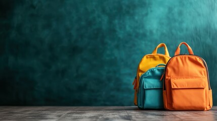 A trio of stylish backpacks in vibrant colors set against a dark textured wall reflects modern elegance and versatility in personal expression and everyday use.