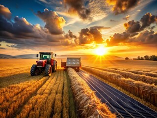 Fototapeta premium Sustainable Farming: Solar-Powered Tractor Harvesting Wheat at Dusk