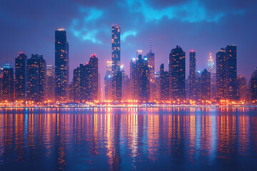 Fototapeta premium Night City Skyline Reflected In Calm Water