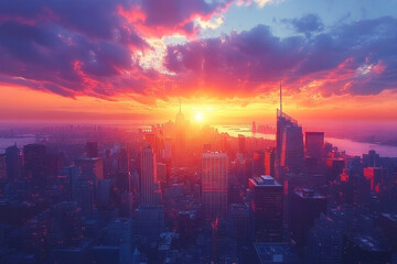 Fototapeta premium Vibrant Sunset Over City Skyline Buildings Illuminated