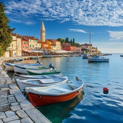 Fototapeta premium Colorful Rovinj in Istria with boats in the port, Croatia --v 6.1 Job ID: a6a6bab7-661a-4830-a776-1fcbb6910a2b
