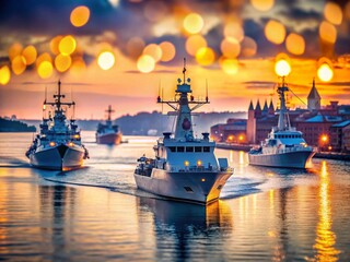 Fototapeta premium Swedish Warships Departing Swinoujscie Port at Dawn, Bokeh Effect