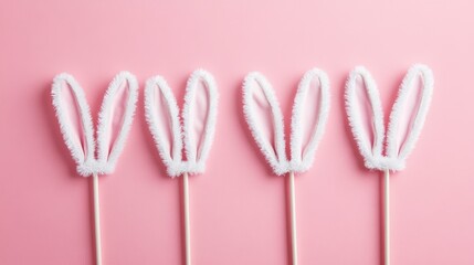 Four fluffy white bunny ears set against a soft pink background, perfect for celebrating the Easter holiday.