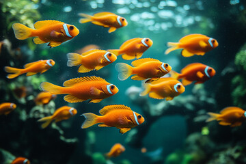 Naklejka premium Orange Clownfish School Swimming Underwater