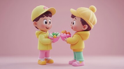 Two children joyfully hold flowers together, celebrating the beauty of spring and the spirit of Easter.